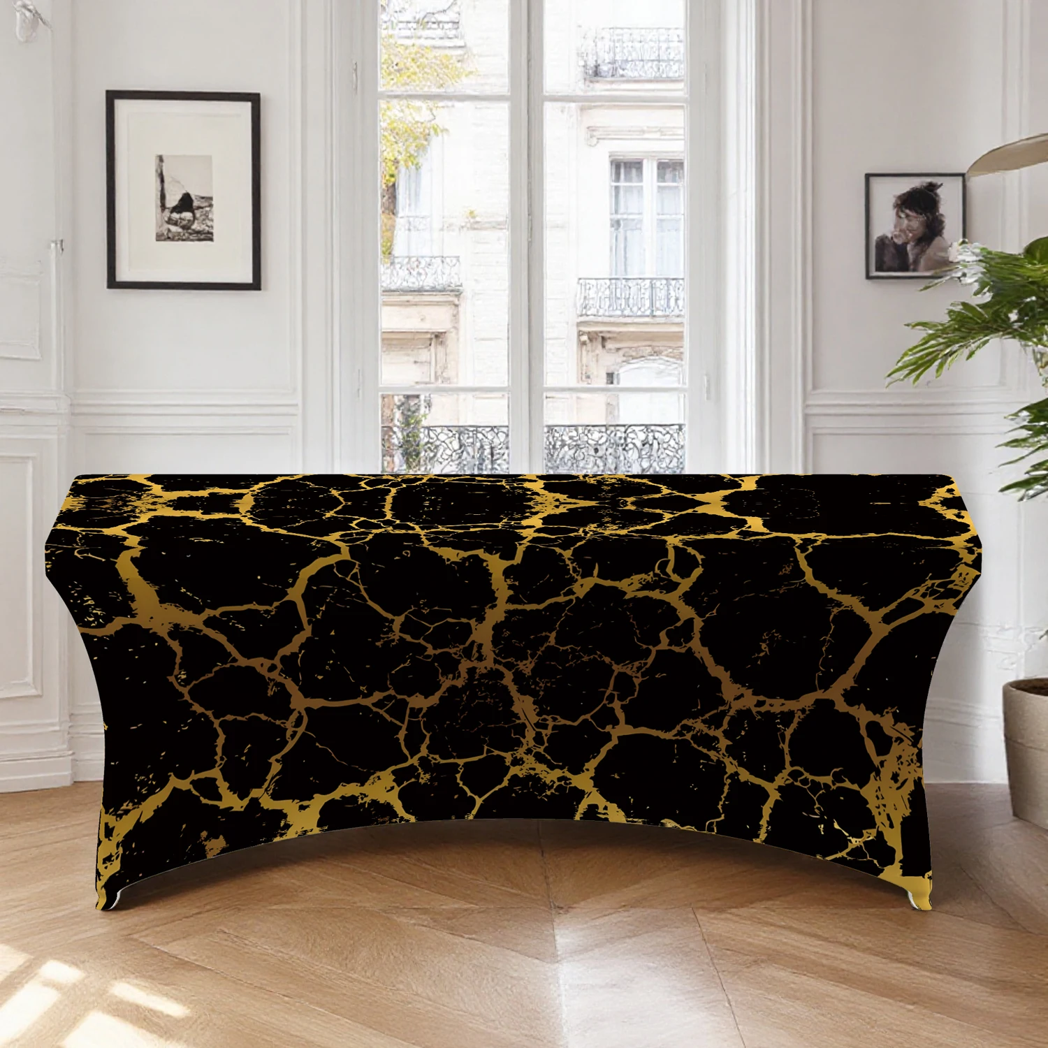 1pc All-inclusive tablecloth,Black Gold Marble Crack Stretch Table Cover,Suitable for kitchen parties
