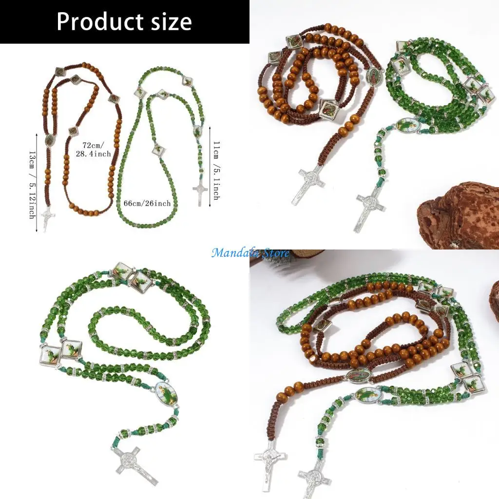 U2JC Beads Catholic Rosary Necklace Wooden Bead Rosary with Miracles Medals Crucifix Crosses Gift