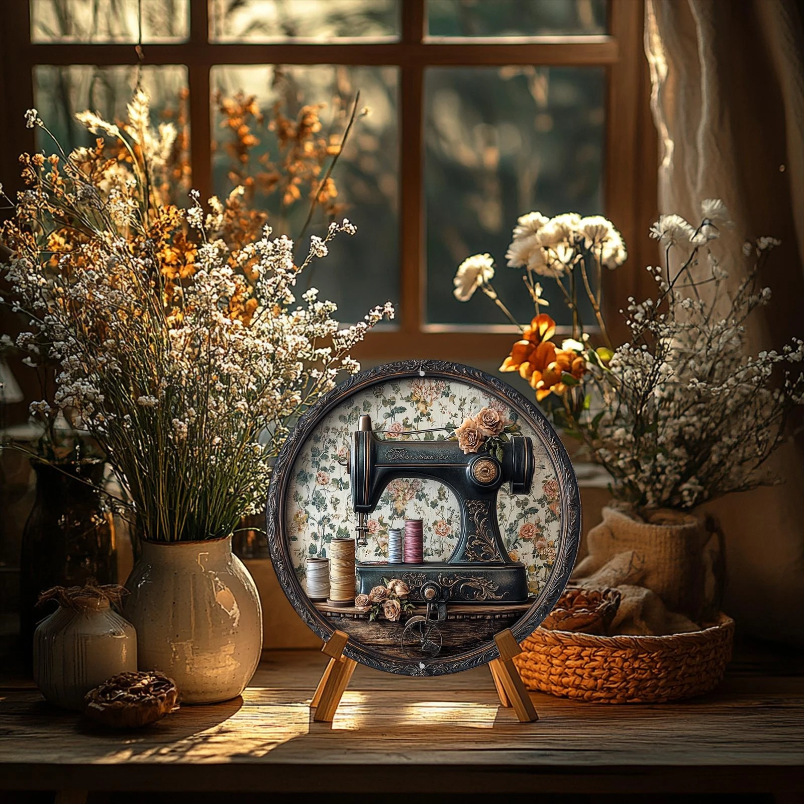 Klassisches Vintage-Nähmaschinen-Thema, runde Holzplatte, 20,3 cm, multifunktionale Dekoration für Zuhause, Büro, 2D-Druck, Wandbehang, Geschenk