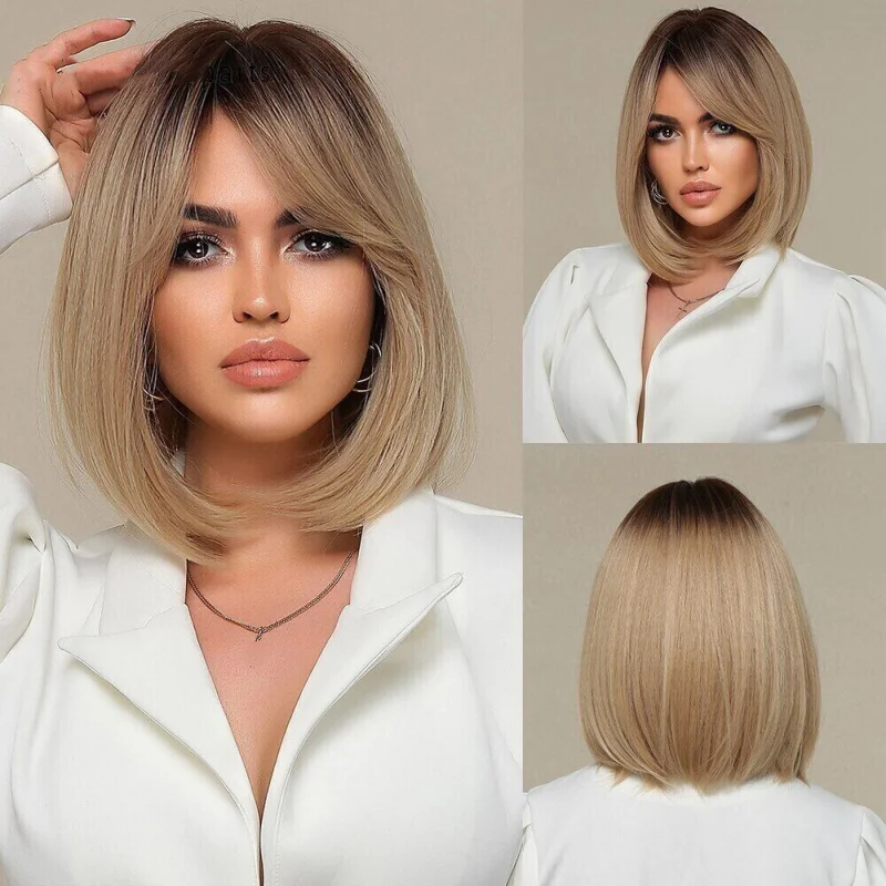 

Women Short Straight Wig Dark Root Ombre Blonde Hair Wigs with Bangs Highlight