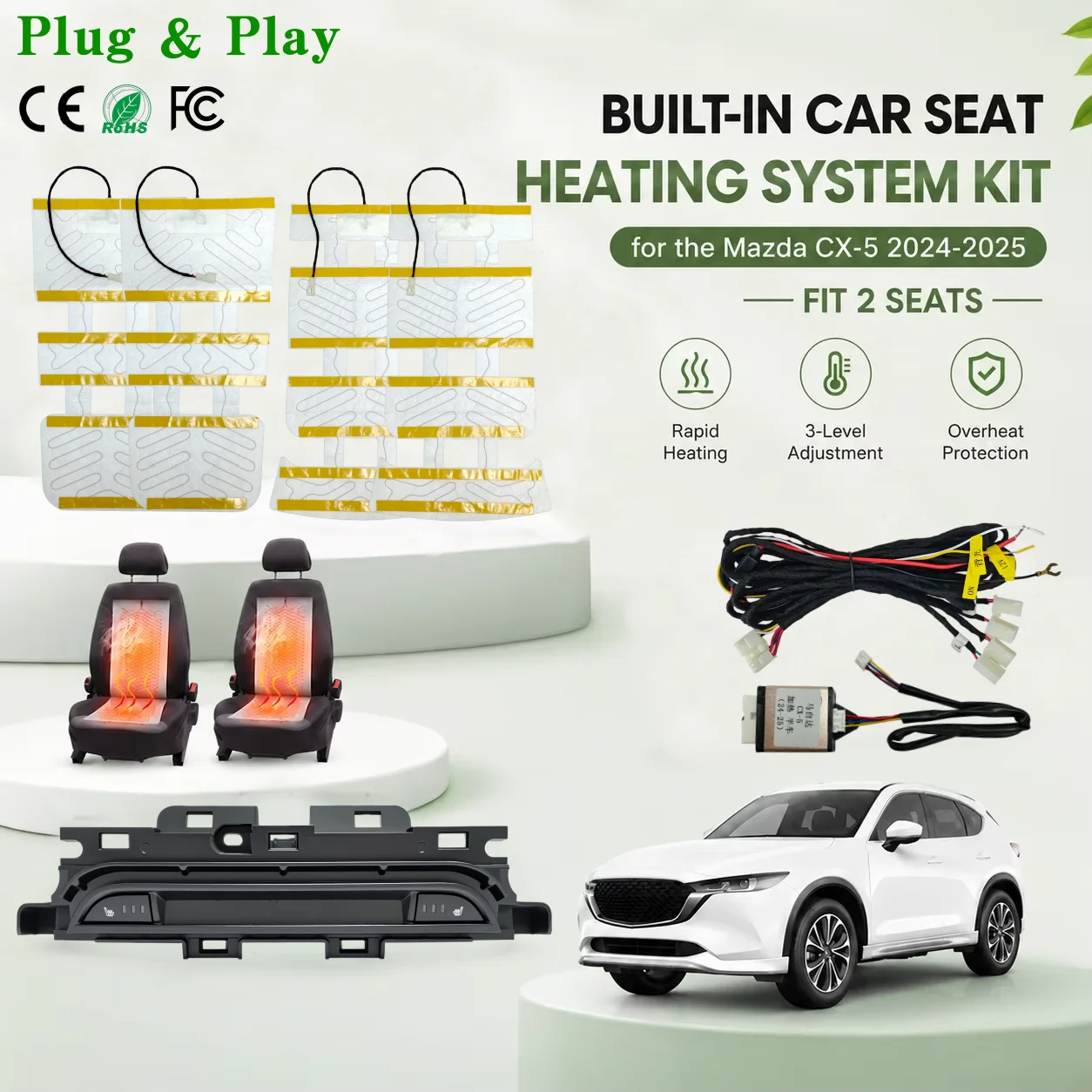 Kit de système de chauffage des sièges pour Mazda CX-5 2024-2025, avec interrupteurs dédiés et coussins chauffants, compatible avec 2 sièges