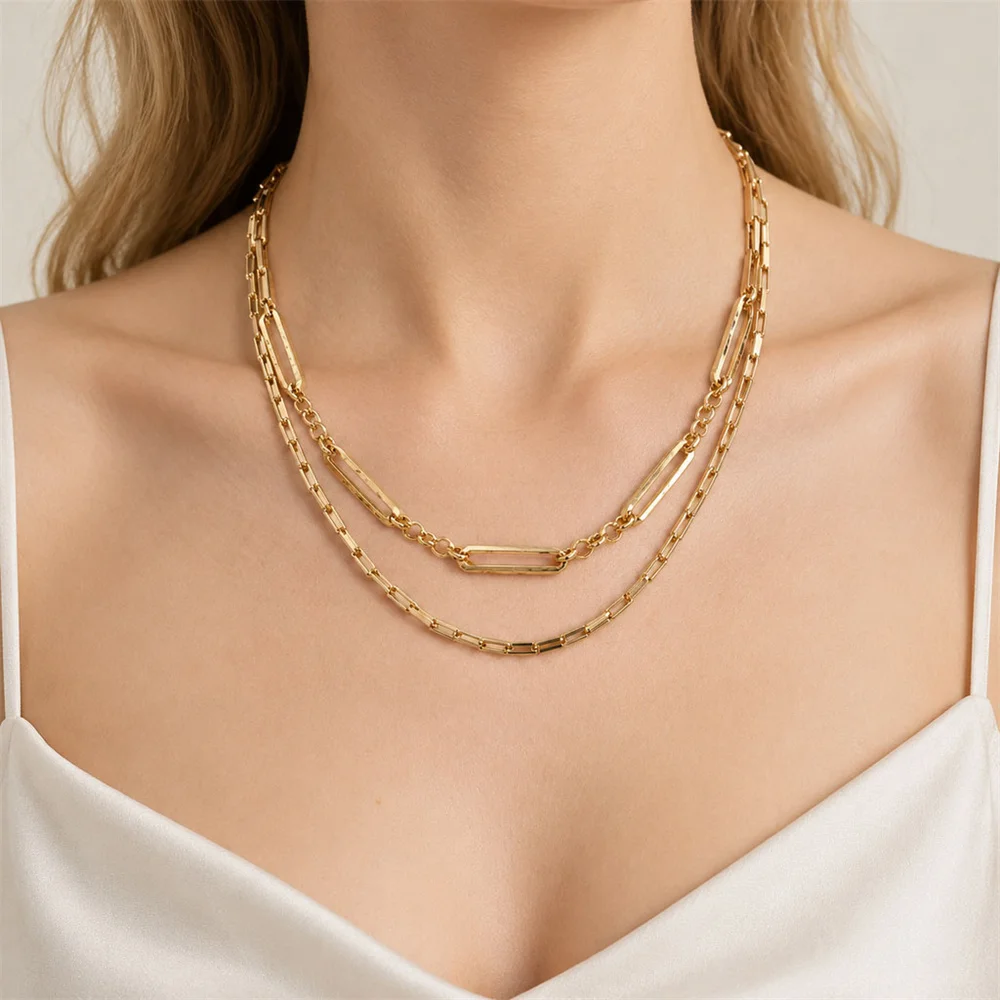 Classic Gold Color Plating Link Chain Box Chain Layered Necklace For Women Girl Casual Trendy Bohemia Fashion Jewelry