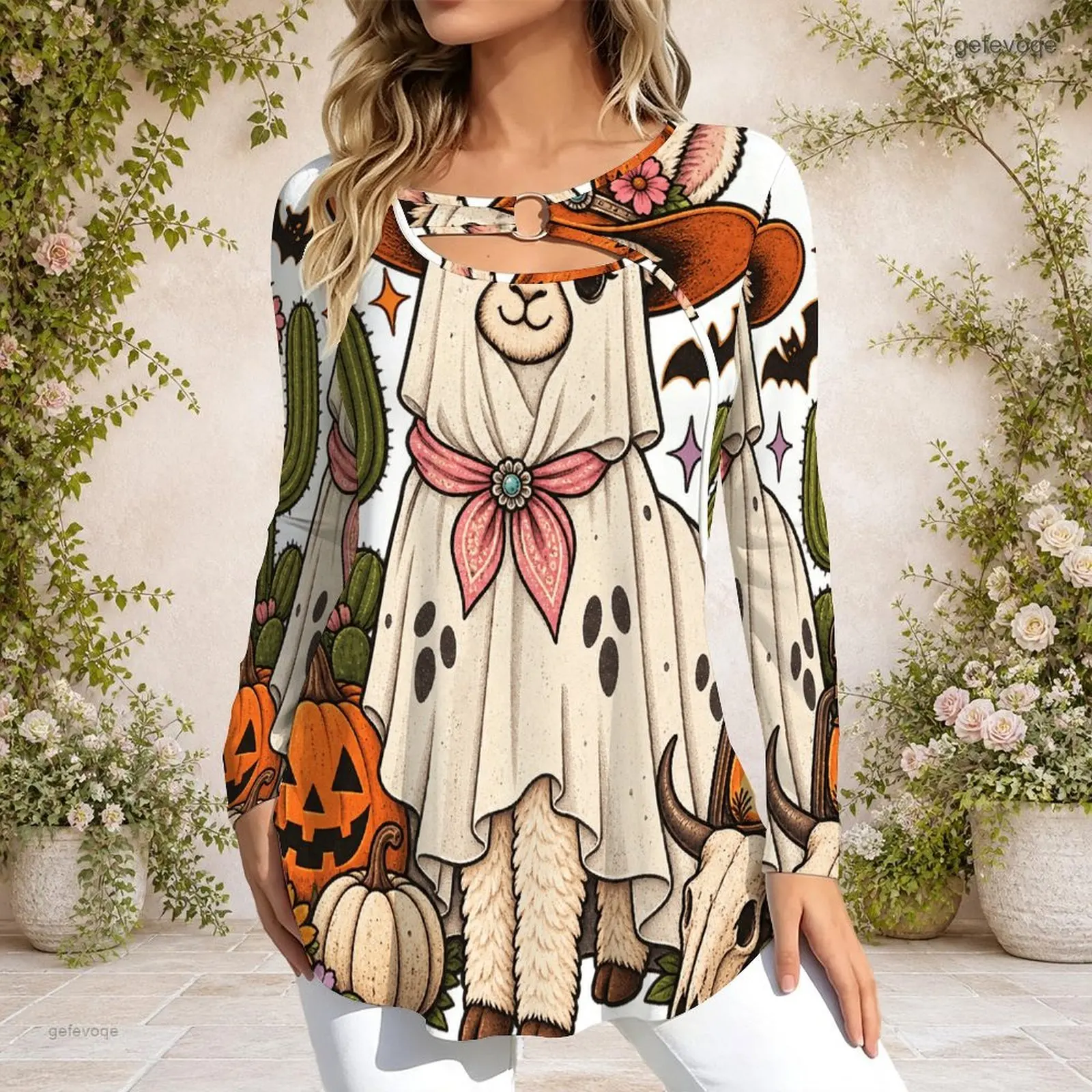 Women Printed Top Keyhole Ring Neck Long Sleeve Flared Hem