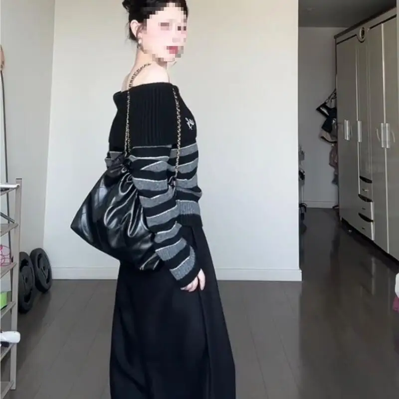 Eleganter grau gestreifter Retro-Damenpullover, bestickt, langärmelig, schulterfrei, koreanischer Stil, Strickpullover, lässige Mode