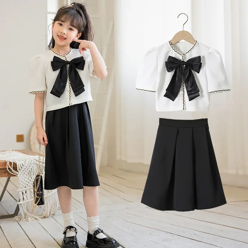 

2024 Korean Summer Children Girl 2PCS Clothes Set Junior Girl Bow Tie Short Sleeved+Solid Ruffle Skirt School Girl Casual Suit