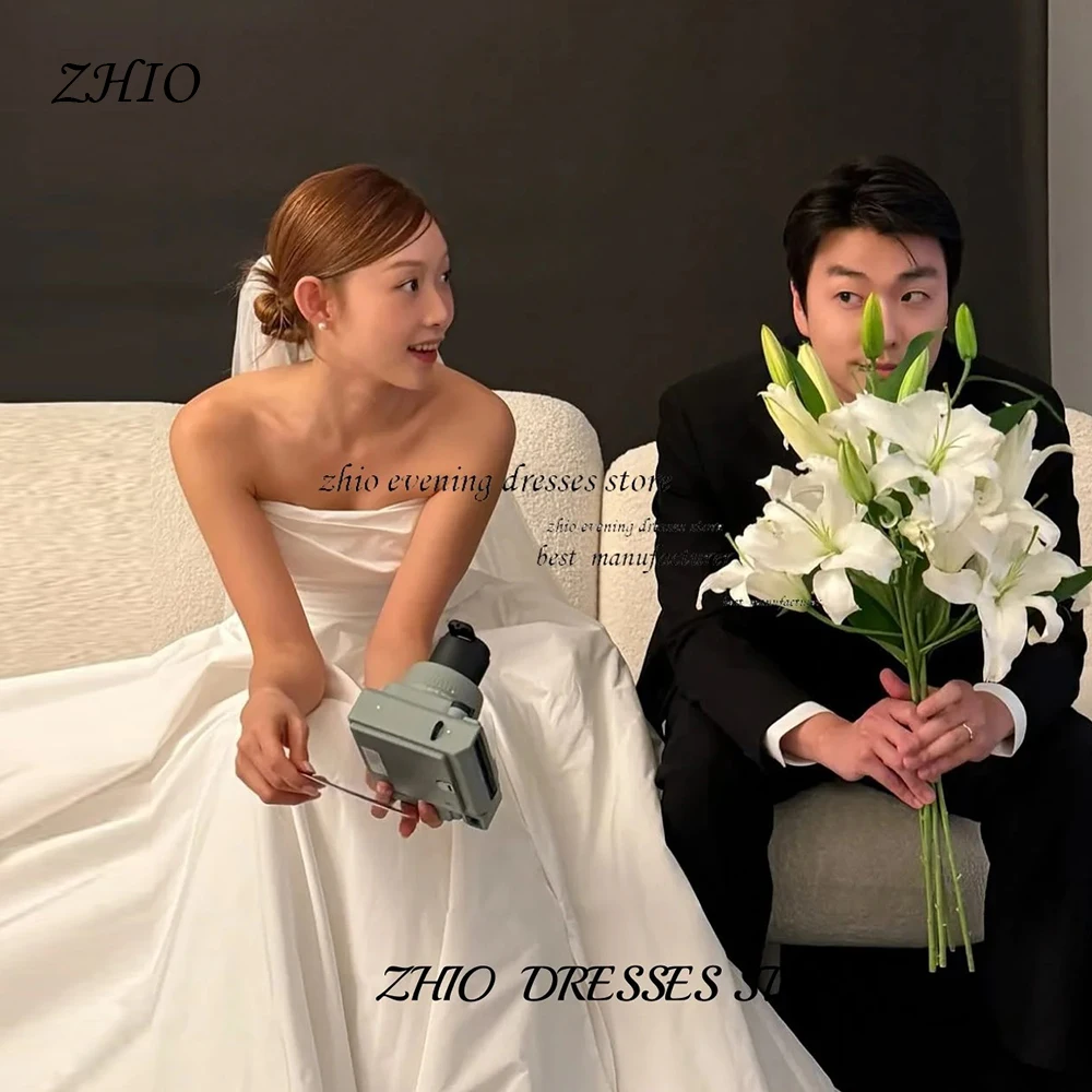

ZHIO Romantic White A-line Satin Korean Wedding Strapless Customized Corset Floor-Length Wedding Photography Bridal Dress 웨딩드레스