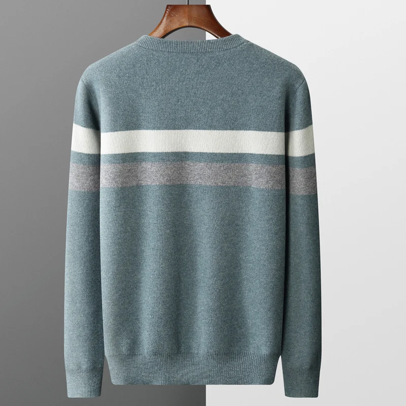 100% merino cashmere sweater in autumn / winter thickened men's round neck contrast jacquard long sleeve business casual sweater