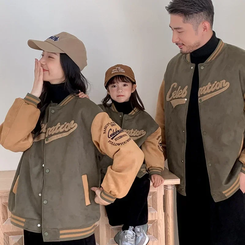 Fashion Family Winter Warm Thick Bomber Jacket Mother and Daughter Matching Baseball Coat Korean Father and Son Clothing Tops