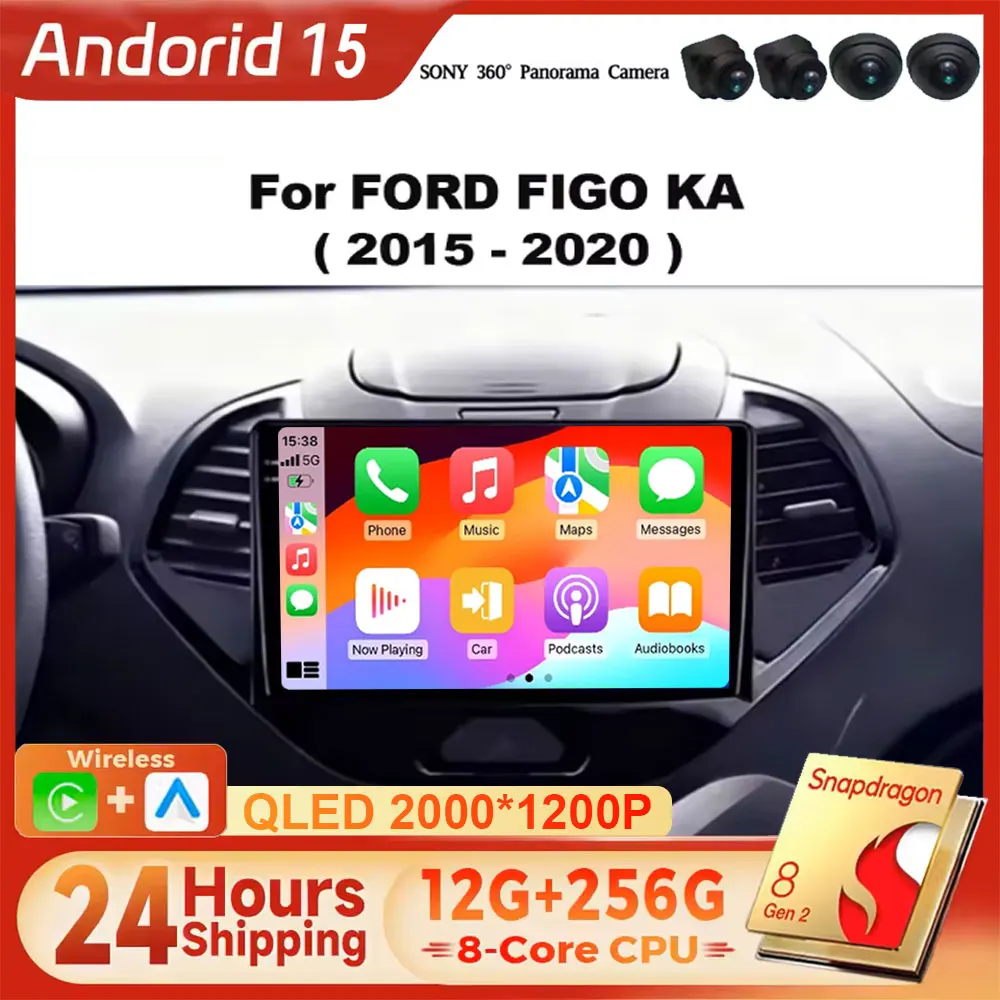 Radio para Auto Android 15 para Ford Figo KA 2015-2020 con GPS, Navegación, 4G LTE, 5G WiFi, Reproductor Multimedia QLED, Video, 2DIN, Compatible con BT