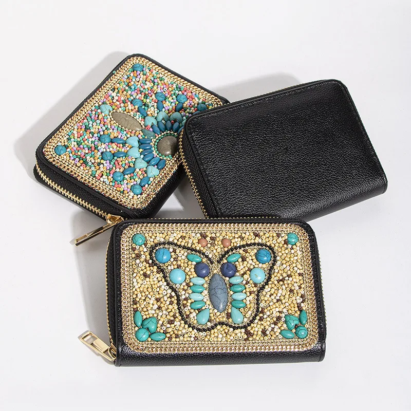 New Heavy Industry Bohemian Style Rice Bead Butterfly Flower Exquisite PU Zipper Card Bag Small Zero Wallet Women's Bag