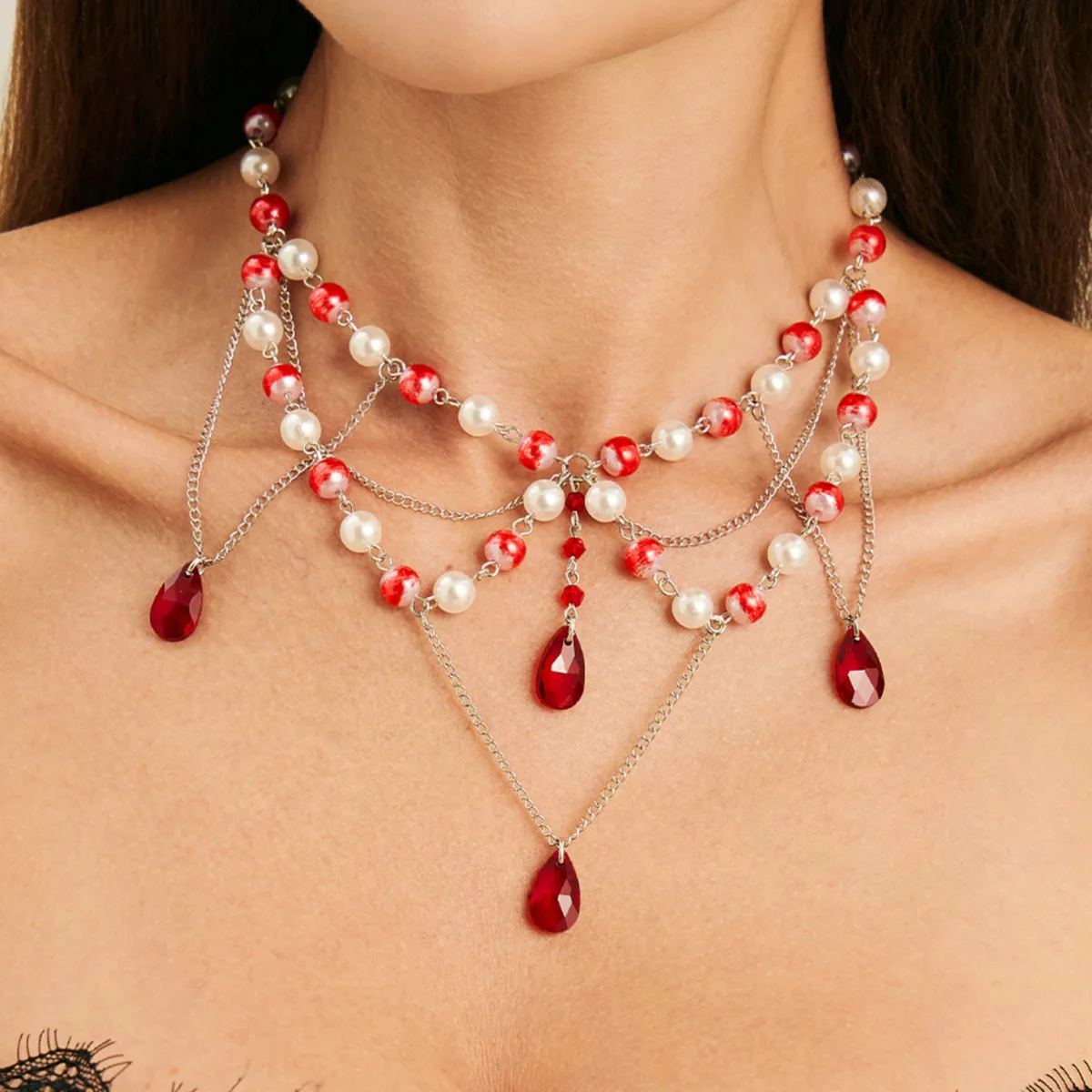 

SHIXIN Goth Multilayer Red Crystal Imitation Pearl Choker Necklace for Women Retro Blood Drop Pendant Necklace Halloween Jewelry