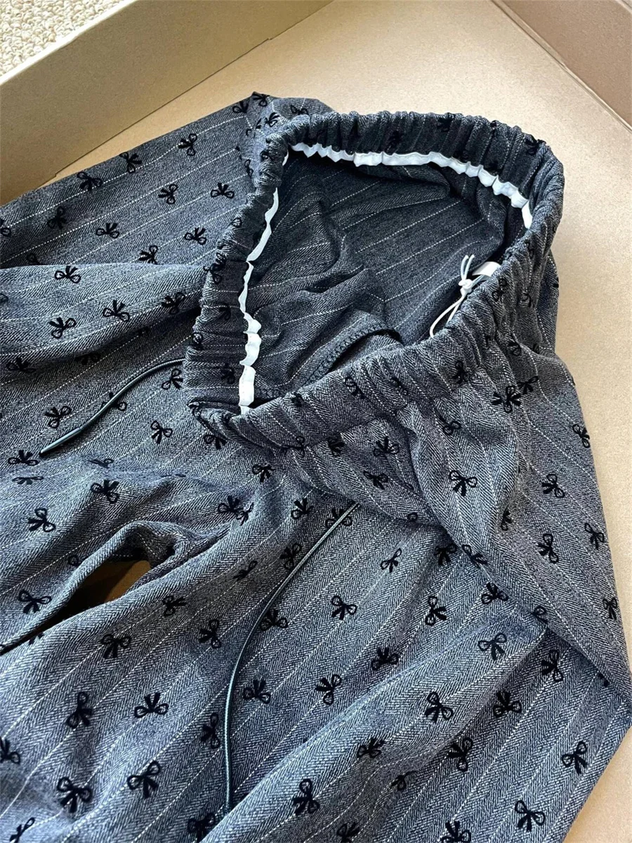 فراشة عقدة طباعة الرباط واسعة الساق سراويل تقليدية المرأة الربيع الصيف مرونة الخصر شريط فضفاض مستقيم قطع بنطلون #5