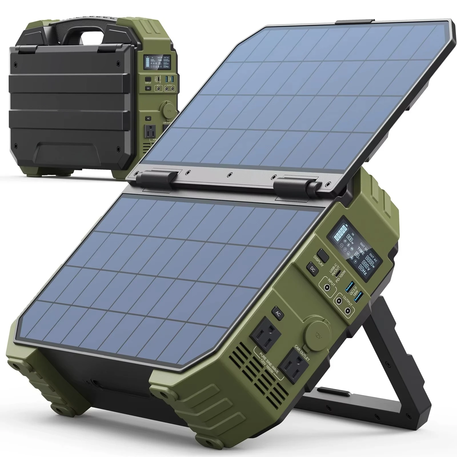 

1600 watt solar generator power station with built-in solar panels AC DC USB PD output for camping emergencies