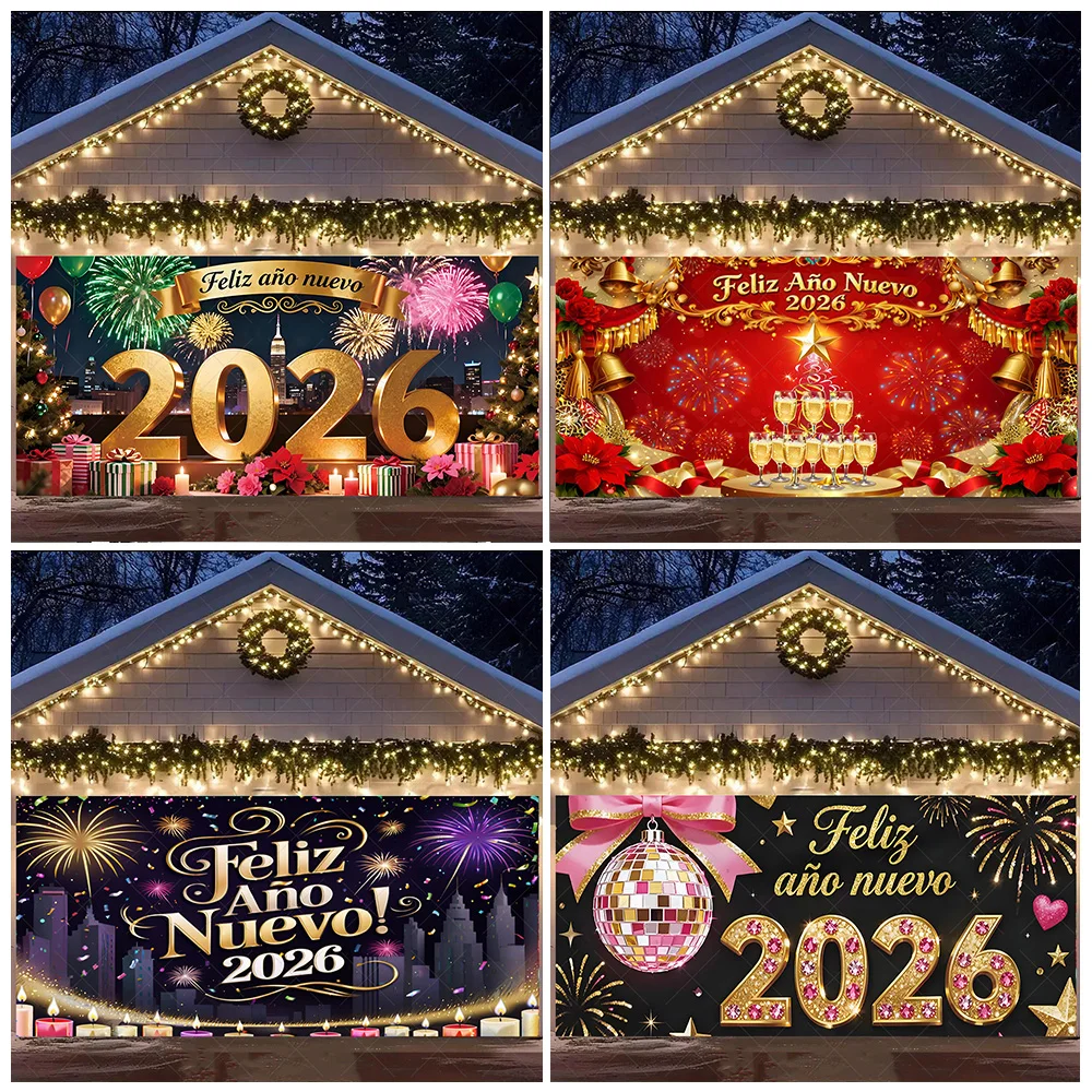 

2026 Spain Happy New Year Theme Garage Door Background Banner Firework Balloon Backdrop New Year Family Party Wall Decorations