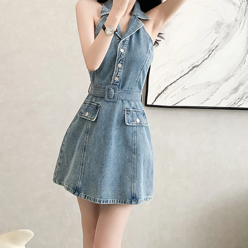 EVNISI Women Sexy Backless Denim Dress Halter Sleeveless High Waist Mini Dresses With Belt Party Fairy Vestido Women Summer 2024