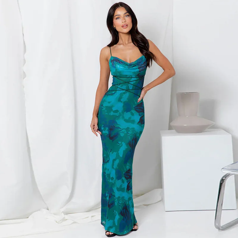 

Women's Dress Sexy Halter Halter Slim-fit Dresses Elegant Temperament Color Contrast Printed Robe Party Dress For women Vestidos