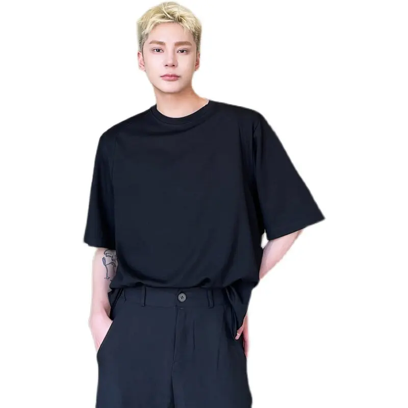 High-end Shoulder Pads Short-sleeve T-shirts Men 2026 Summer New Solid Color Fashion Versatile Round Neck Tees Trend Base Shirts