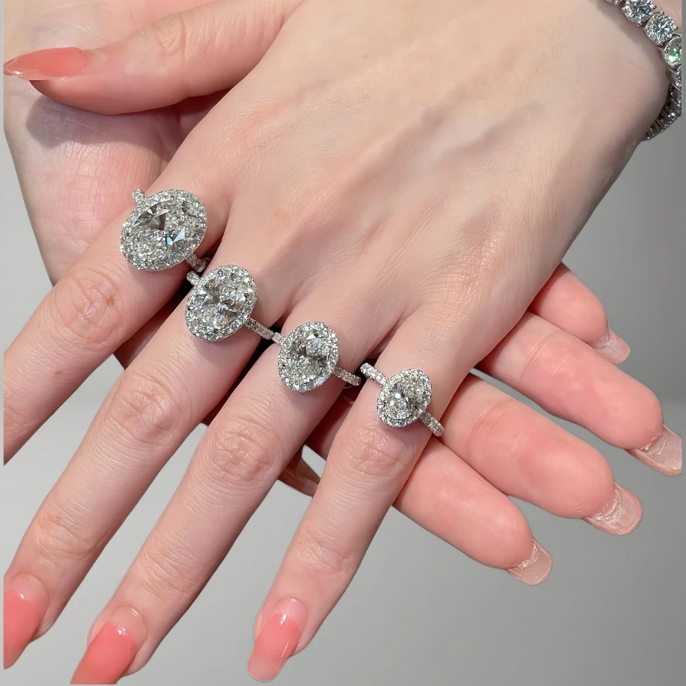 1-5CT Oval Cut Moissanite/Zircon Engagement Ring Halo Diamond Wedding Rings for Women S925 Sterling Silver with Certificate