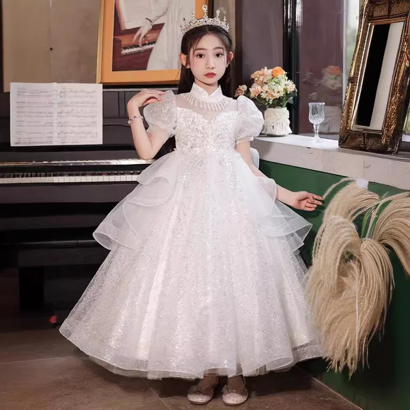 Children's Princess Dress Girls' Formal Dress Little Girl Host Piano Performance Dress Flower Girl Wedding Spring White Puffy Dr