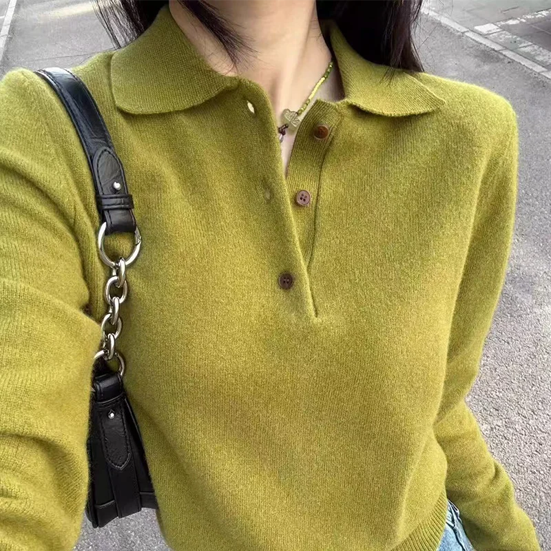 

2025 Autumn/Winter New 100% Wool Women's Knitted POLO Collar Pullover Solid Color Casual Sweater Loose Korean Edition Women'sTop