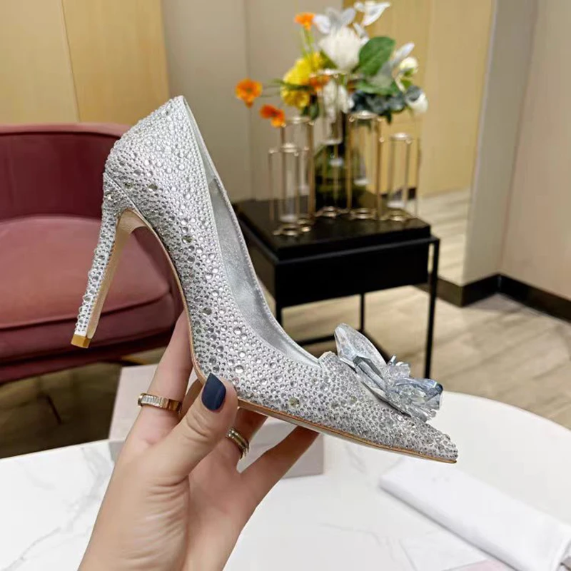 High-quality new two-piece high-heeled single shoes crystal flower glittering diamond tipped wedding shoes banquet dress women's