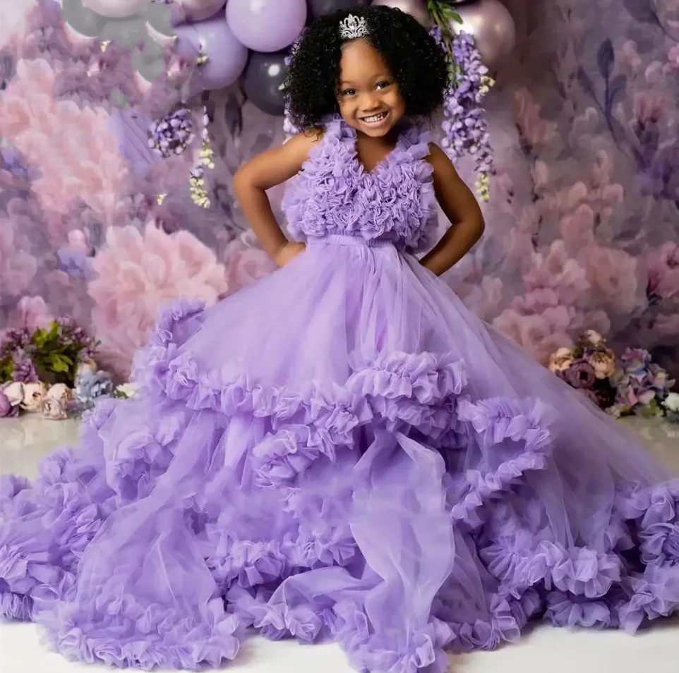 

Purple Puffy Flower Girl Dress For Wedding Tulle V Neck Elegant Baby Princess Birthday Evening First Communion Gowns