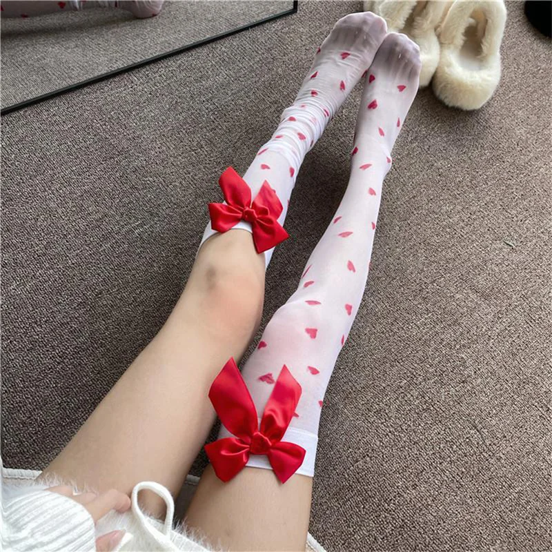 CHRONSTYLE Women Over Knee Length Stockings Heart Print Bow Hold-up Stockings Mesh Sheer See Through Socks for Party Streetwear