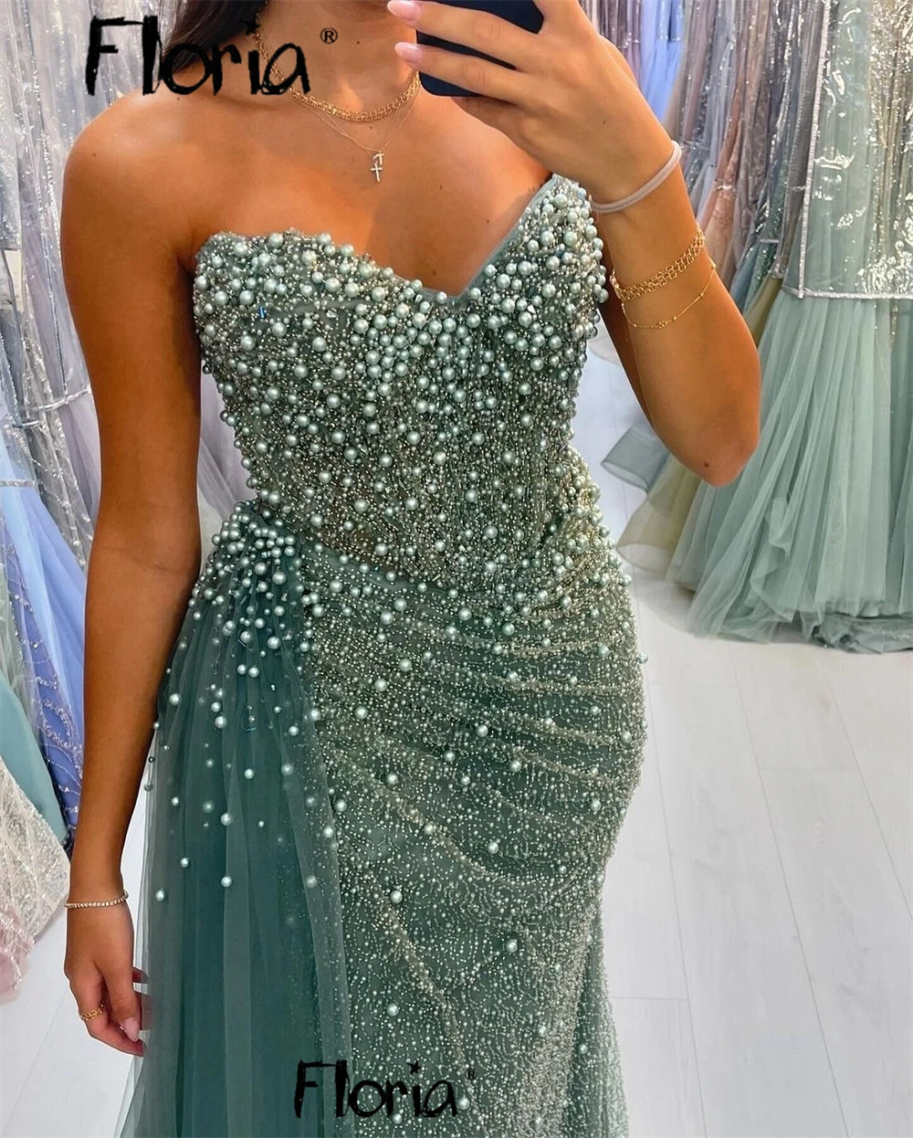 Robe de Luxe Personnalisée avec Perles pour Femme, Tenue de Célébrité, ixde Mariage, Fente Haute, 2025