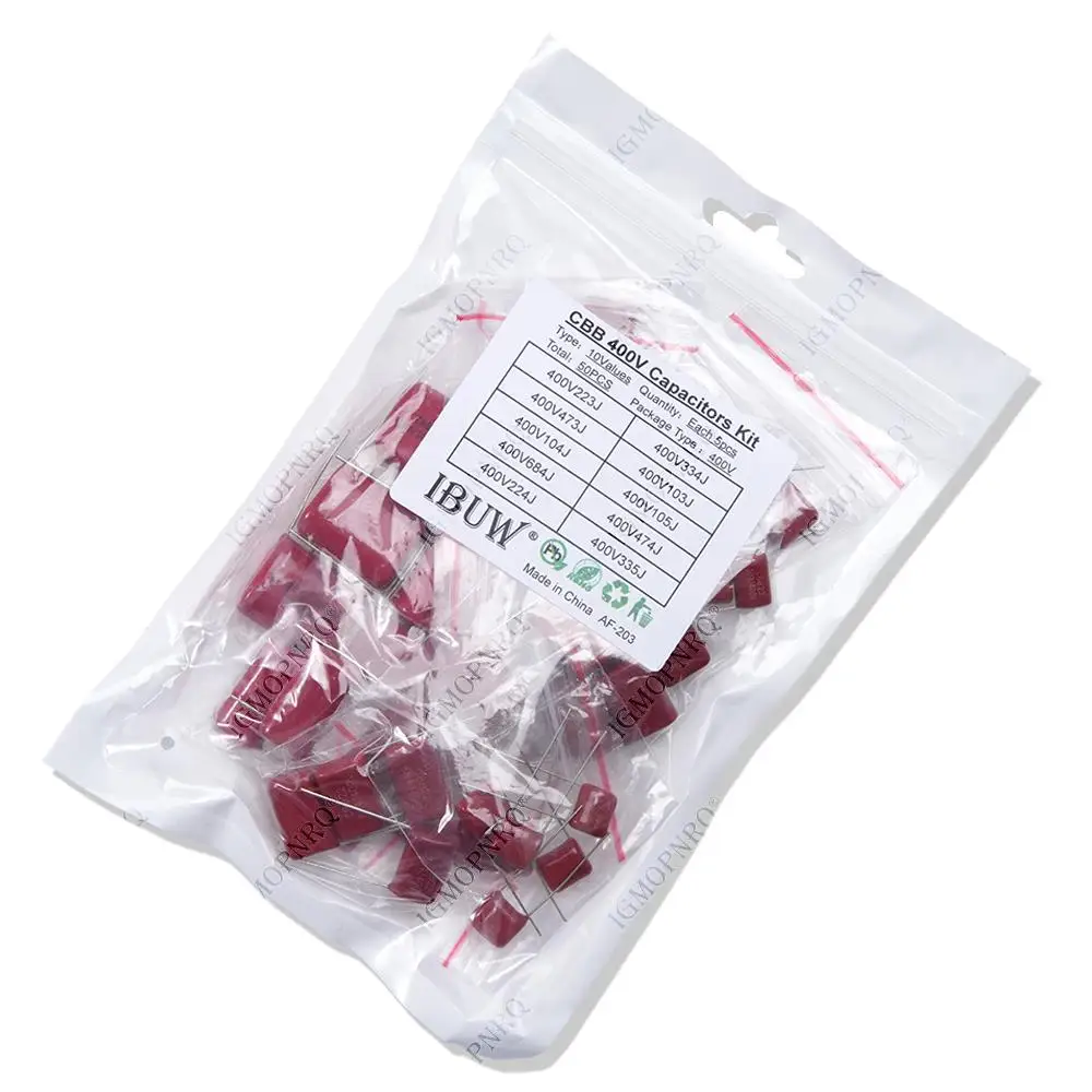 キット 50PC=10 値 * 5 個金属化ポリエステルフィルムコンデンサ CBB 詰め合わせキット 400V 10nF 〜 3.3UF igmopnrq