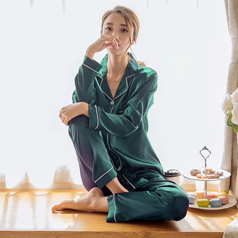 Women\'s Sleepwear Simple Satin Pajama Set Long Sleeve Buttons Lapel Top With Elastic Pants Loungewear Nightwear 2 Piece Nighty