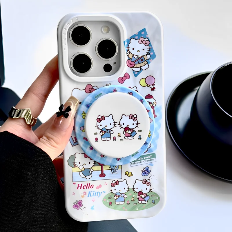 

Cute Wrinkled pattern cartoon play Hello Kitty Bear Magsafe Wireless Charge Case For iPhone 13 14 15 16 Pro Max Magnetic Stand
