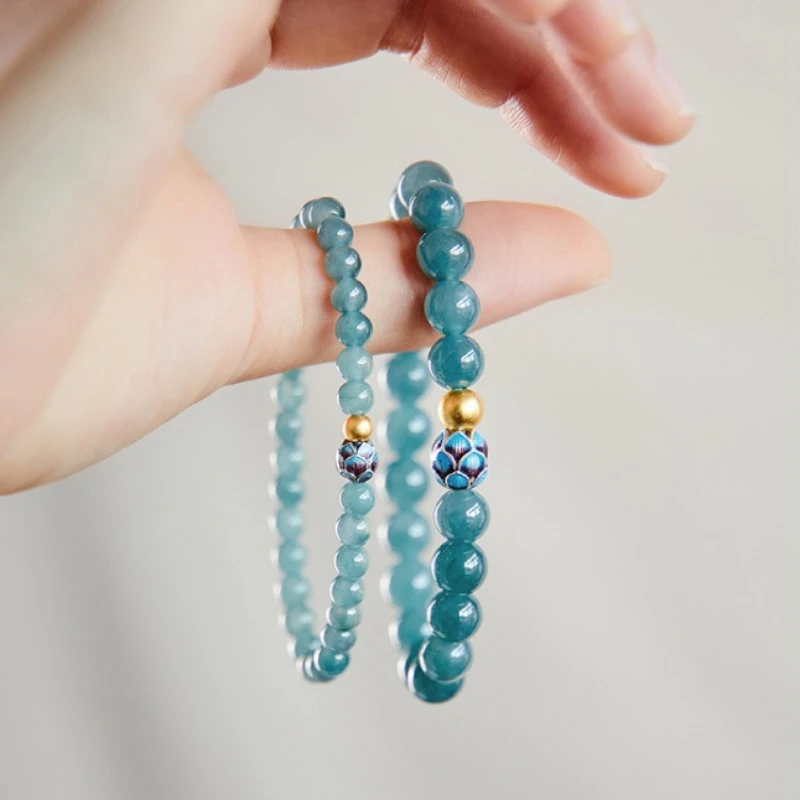 Sweet Jade Bracelet Women's Chinese Style Lotus Blue Water Jade Ancient Method Burned Blue Lotus Lucky Bead Glaze Hand String
