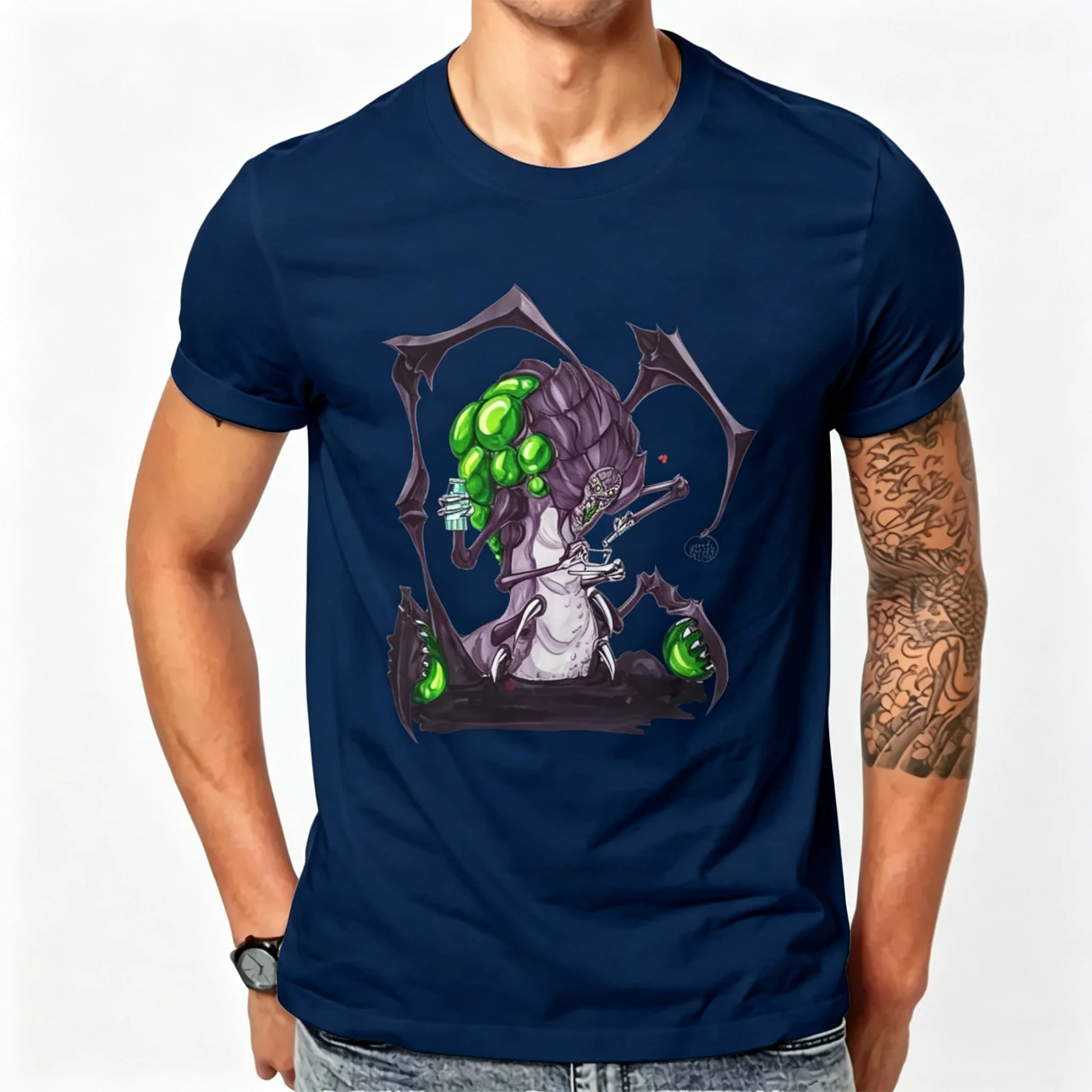 Cotton  100% Sci‑Fi Zerg Creature Graphic Men T‑Shirt Funny Alien Drinking Tea Design Short Sleeve Casual Streetwear Tops