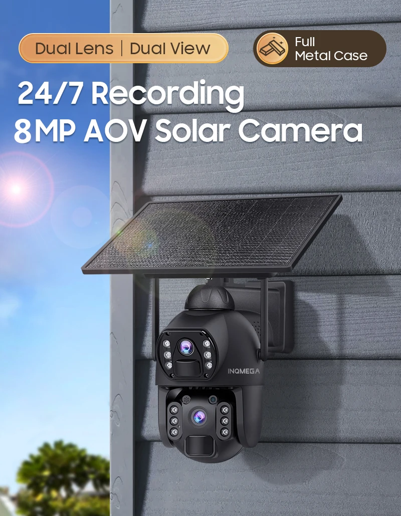 INQMEGA AOV 536 8MP With Solar Panel 360° PTZ Outdoor Security Camera 4G LTE Wifi Network 20100mAh Battery Auto Tracking IP Came