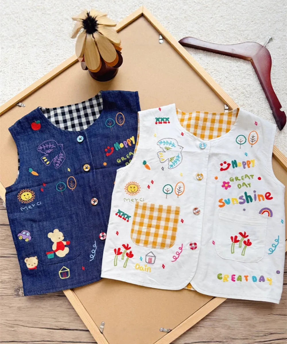 Fall baby clothes kids vest coat Cartoon fruit embroidery Linen cotton blend sleeveless double-sided vest