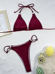 Damskie solidne bikini wiązane na szyi dwuczęściowy strój kąpielowy wino czerwone i brązowe stroje kąpielowe 2024 mikrobikini Biquini conjunto de bikini