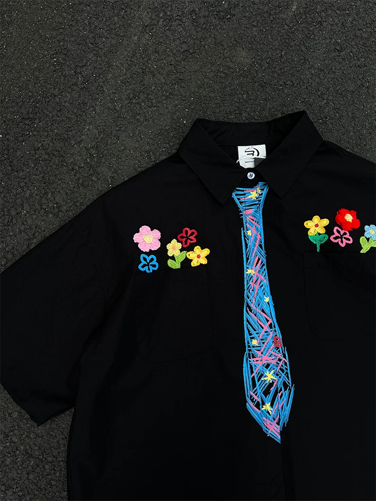 

Мужская свободная рубашка с коротким рукавом, летняя, с граффити-принтом ручной работы, повседневная, в студенческом стиле, для пар, верхняя одежда, стандартный крой, молодежный тренд