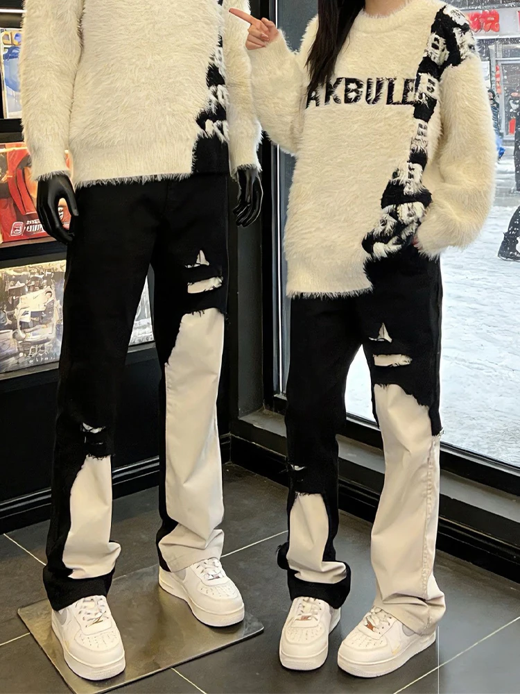 

Мужские джинсы Bla White Spliced Hole Denim: осенне-зимняя коллекция, американский стиль, прямой крой, расклешенные, повседневные