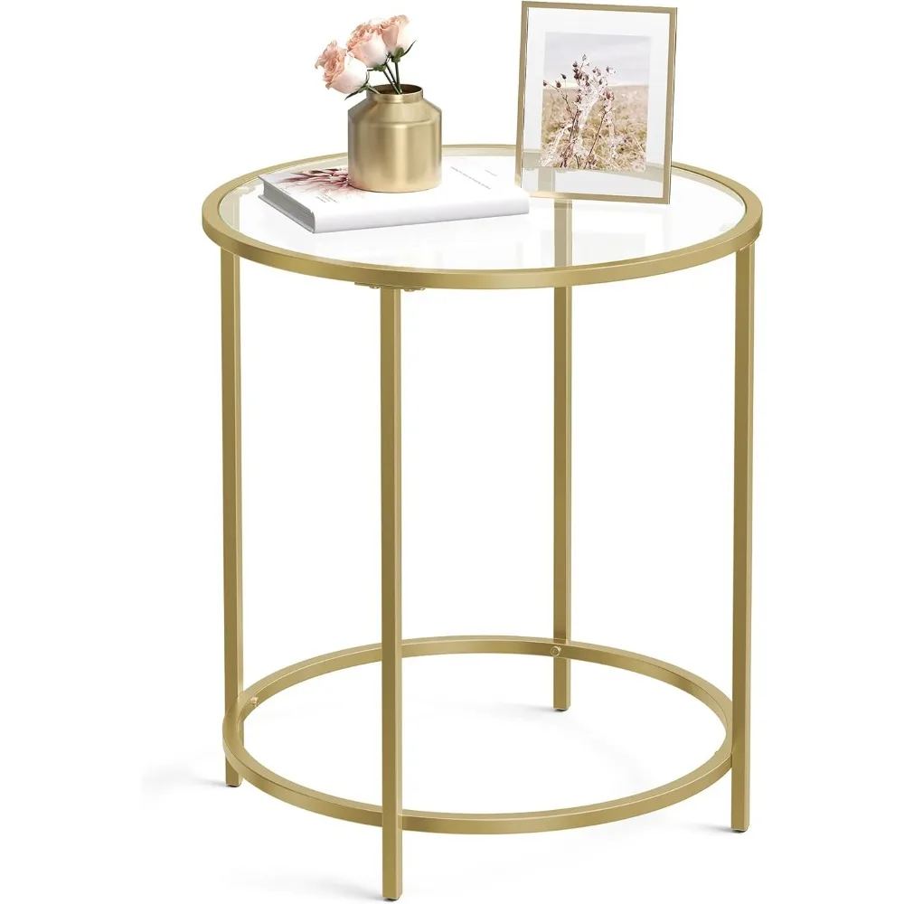 

Round Side Table, Glass End Table with Metal Frame, Coffee Table with Modern Style