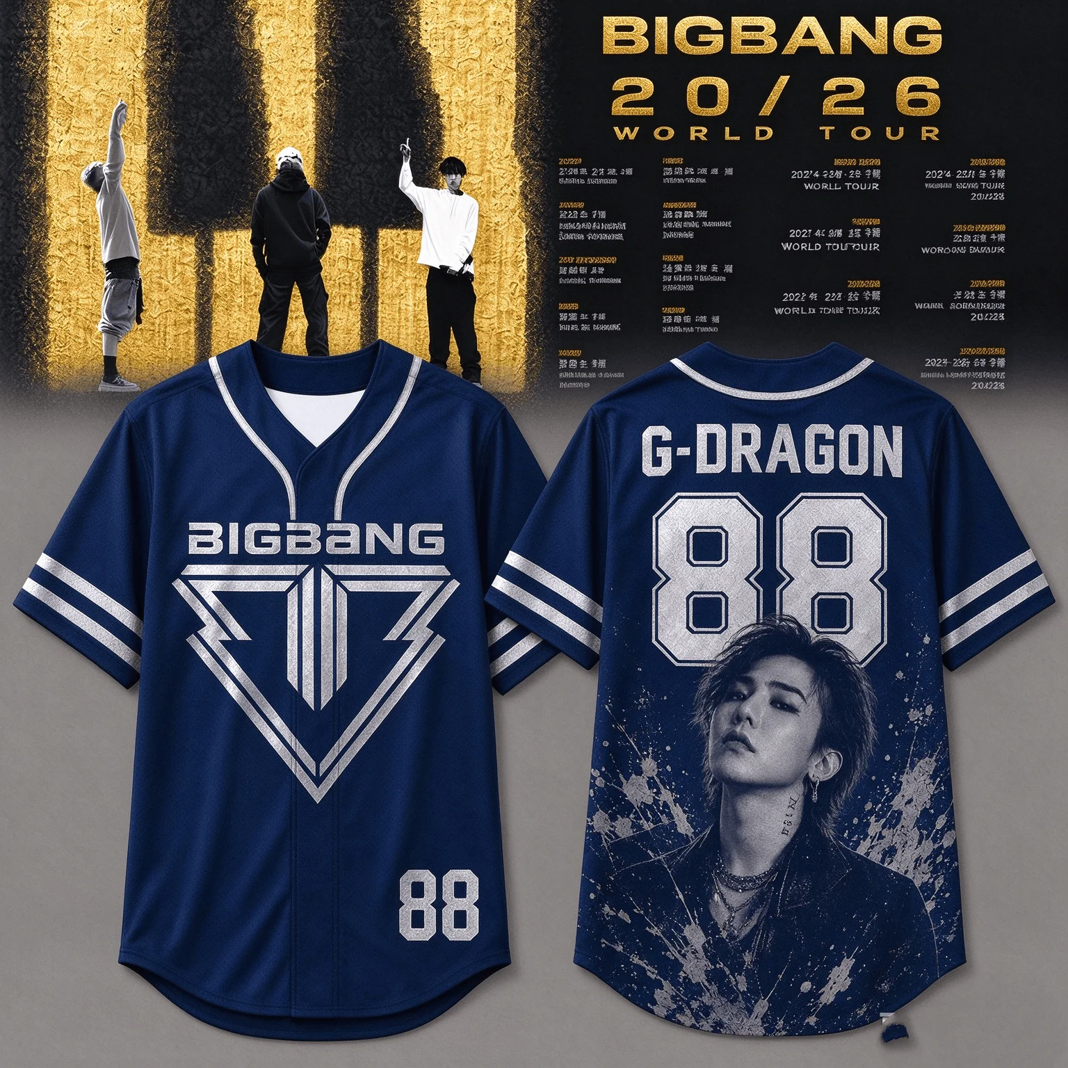 2026 BIGBANG Crown Geometric 88 Number Baseball Jersey Kpop Concert Fan Merch Short Sleeve Button Up Shirt Unisex Streetwear Top