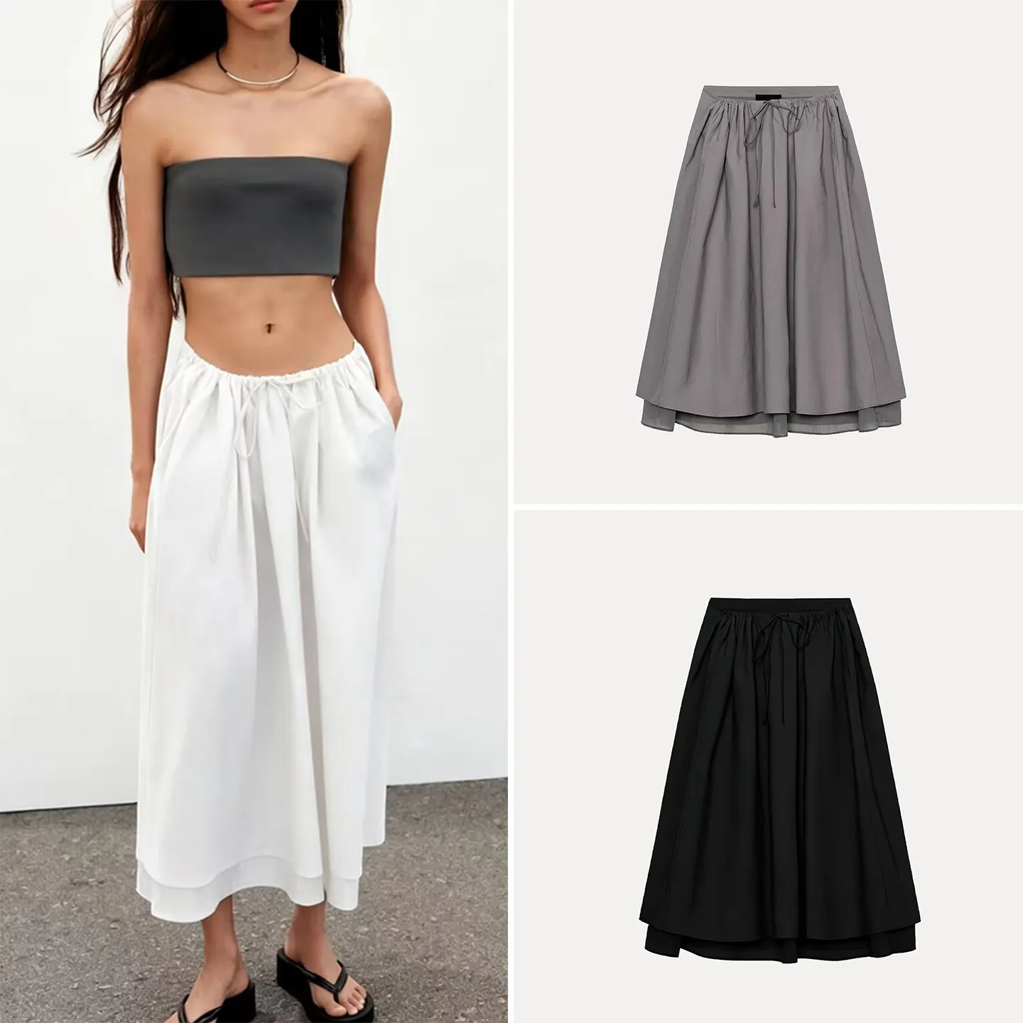 

Fashionable Layered Decorative Knot Belted Midi Skirt Women's Spring 2026 New Arrival Elegant A-Line Skirt