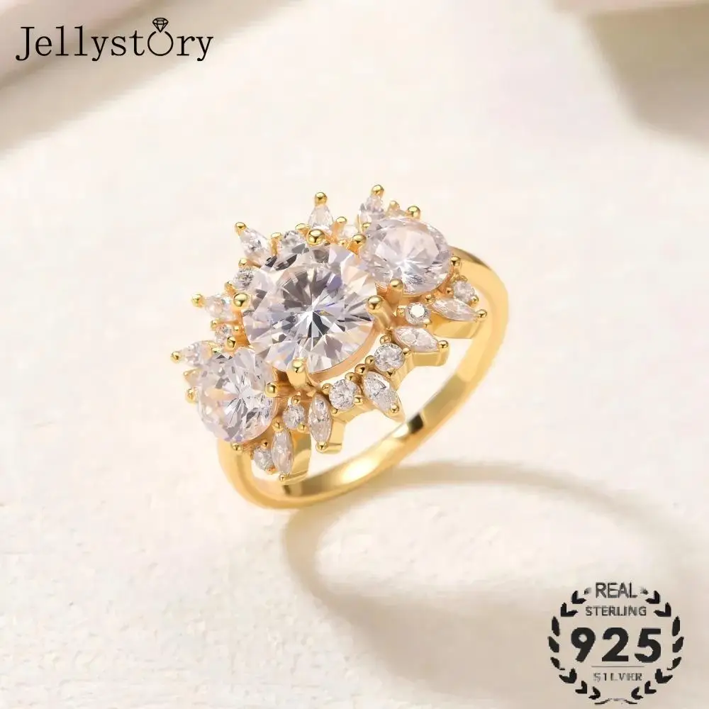 JellyStory Gorgeous Flower Crown Wedding Ring S925 Silver Inlaid Moissanite Design Commemorative Gift Symbol of Love for Her