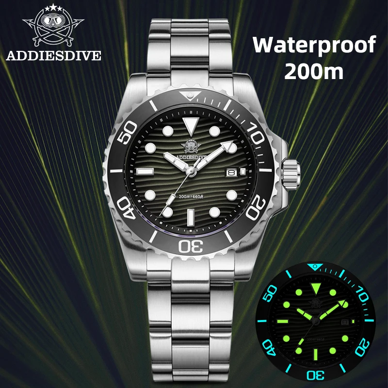 ADDIESDIVE Men's Quartz Watches Vintage Stainless Steel Waterproof 200M Watch Male Relogio Masculino BGW9 Luminous Diving Clock
