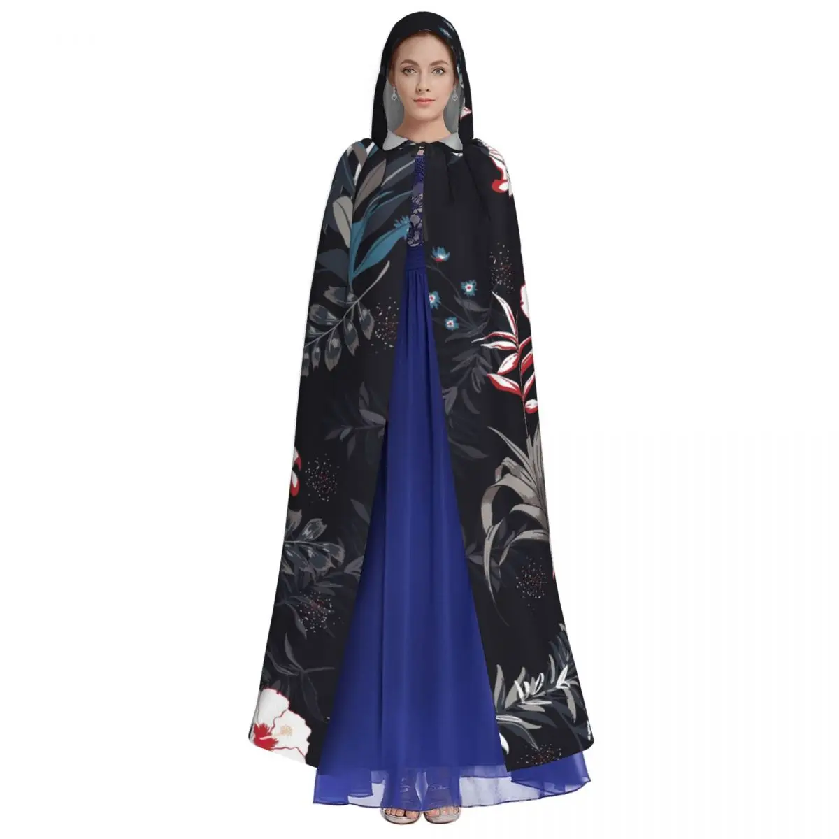 Dark Navy Blue Tropical Forest Adult Cloak Cape Hooded Medieval Costume Vampire Elf Purim Carnival Party