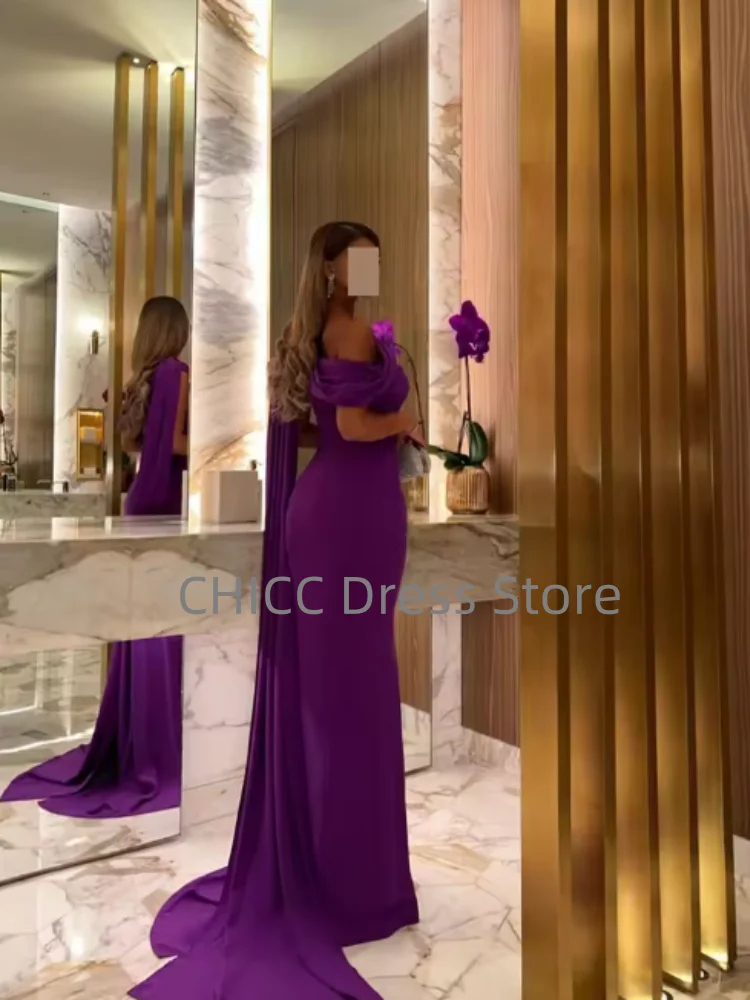 サウジアラビアイブニングドレス ケープ付き ワンショルダー フォーマルウエディングドレス パープル マーメイド ロング 結婚式のゲストパーティードレス カスタマイズ