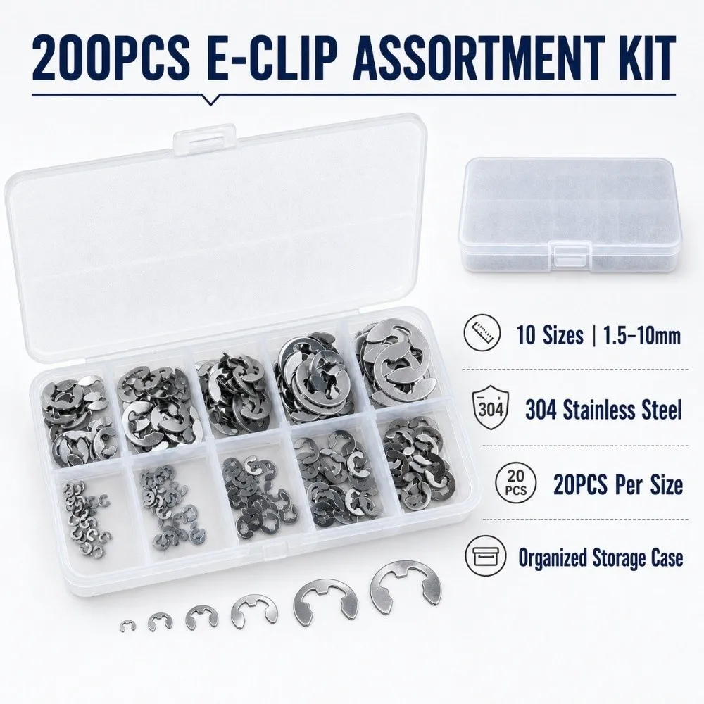 200pcs Stainless Steel Retaining Ring Kit 1.5mm-10mm Range Bearing Type Snap Ring Set External Circlip Kit Bearing Maintenance