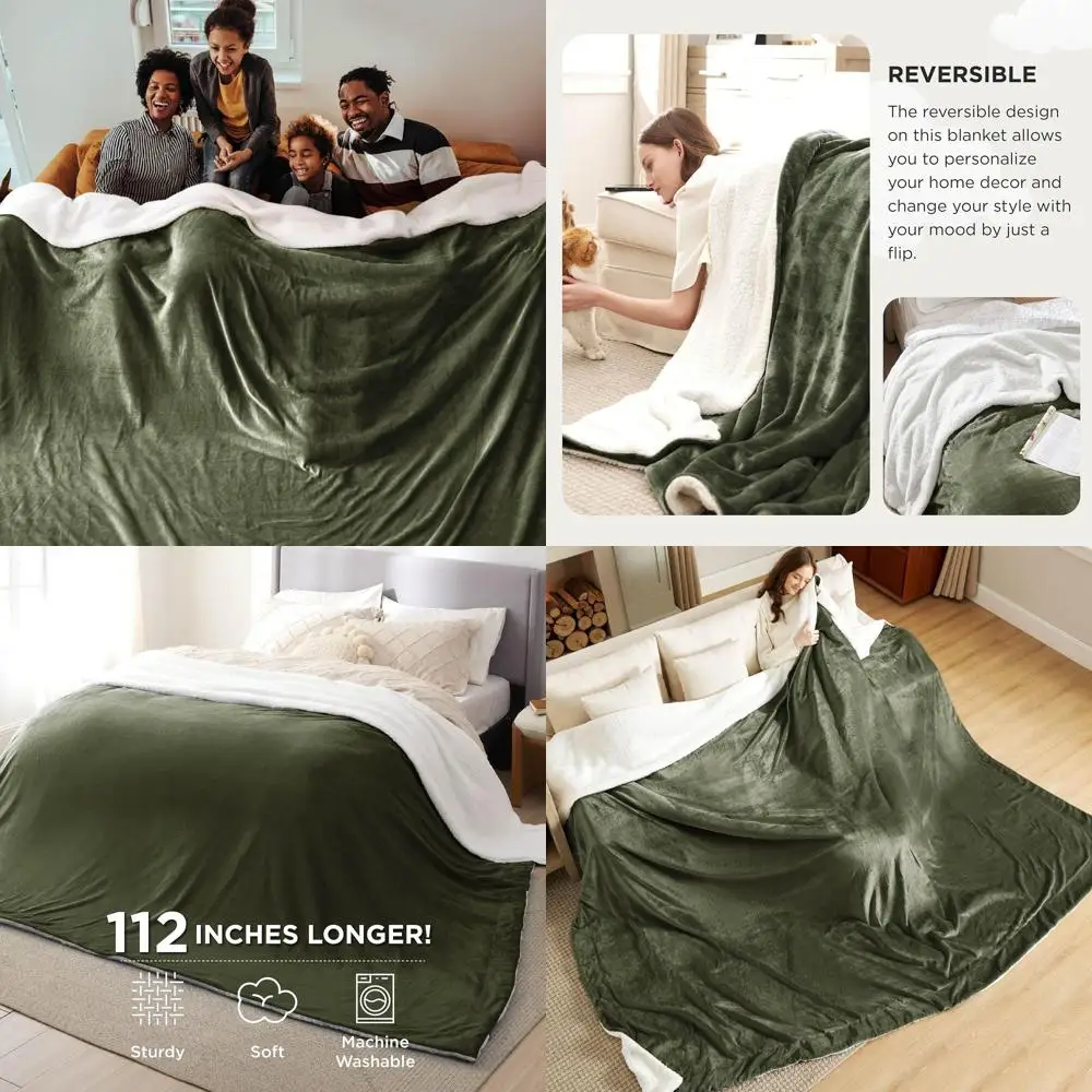 بطانية كال كينج من صوف شيربا كبيرة الحجم باللون الأخضر الزيتوني - رمي دافئ من القطيفة لفصل الشتاء، 112 × 98