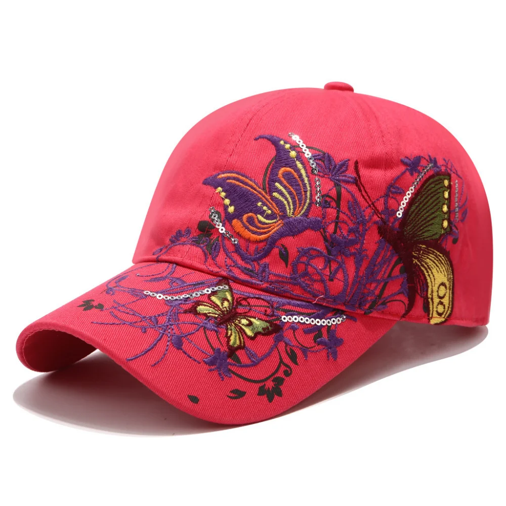 Retro Country-Style Design. Triple-Layered Heavy Embroidery of Butterflies and Flowers, with Sequins Adorning the Baseball Cap.