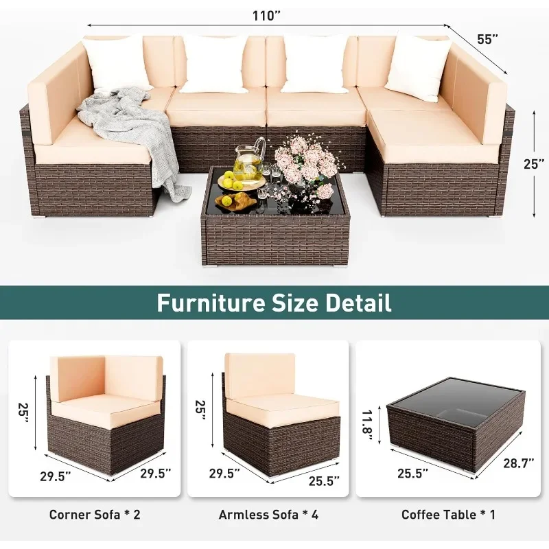 Patio Furniture Set, 7 Pieces Modular Outdoor Sectional, Wicker Patio Sectional Sofa, Brown Rattan(Beige Cushions)