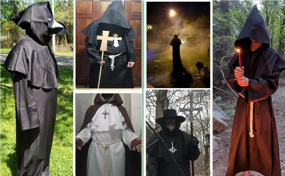 Medieval Priest Costume Men Monk Cowl Mantle Cross Hooded Cloak Robe Outfit Halloween Wizard Cosplay